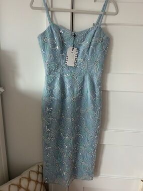 Dress the population size S Women's Light Blue Floral Sequin Midi Dress
